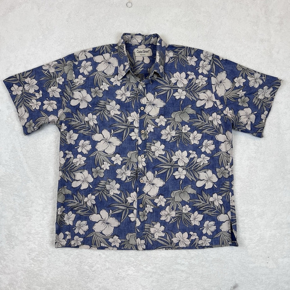 Cooke Street Aloha Shirt Mens XL‎ Blue Reverse Print Hawaiian Floral Hibiscus